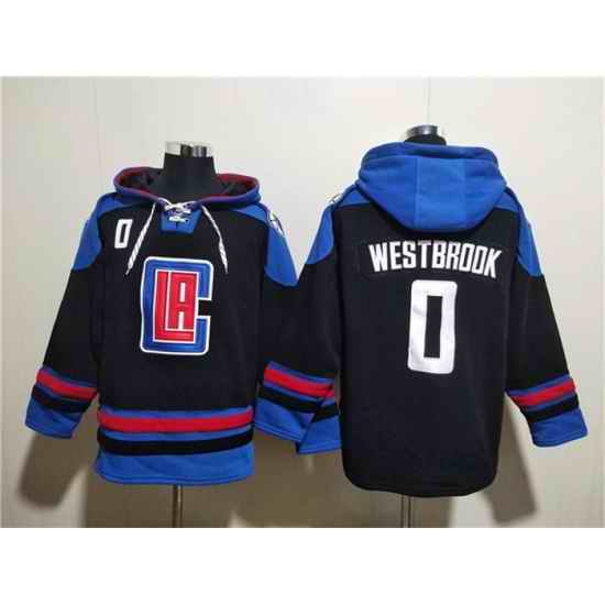 Men Los Angeles Clippers 0 Russell Westbrook Black Blue Lace Up Pullover Hoodie